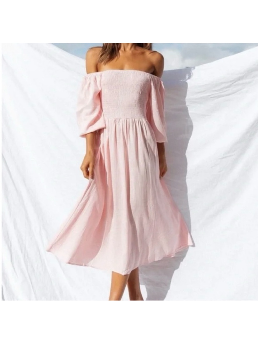Petal & Pup Light Pink Smocked linen blend Midi Dress - Picture 7 of 9